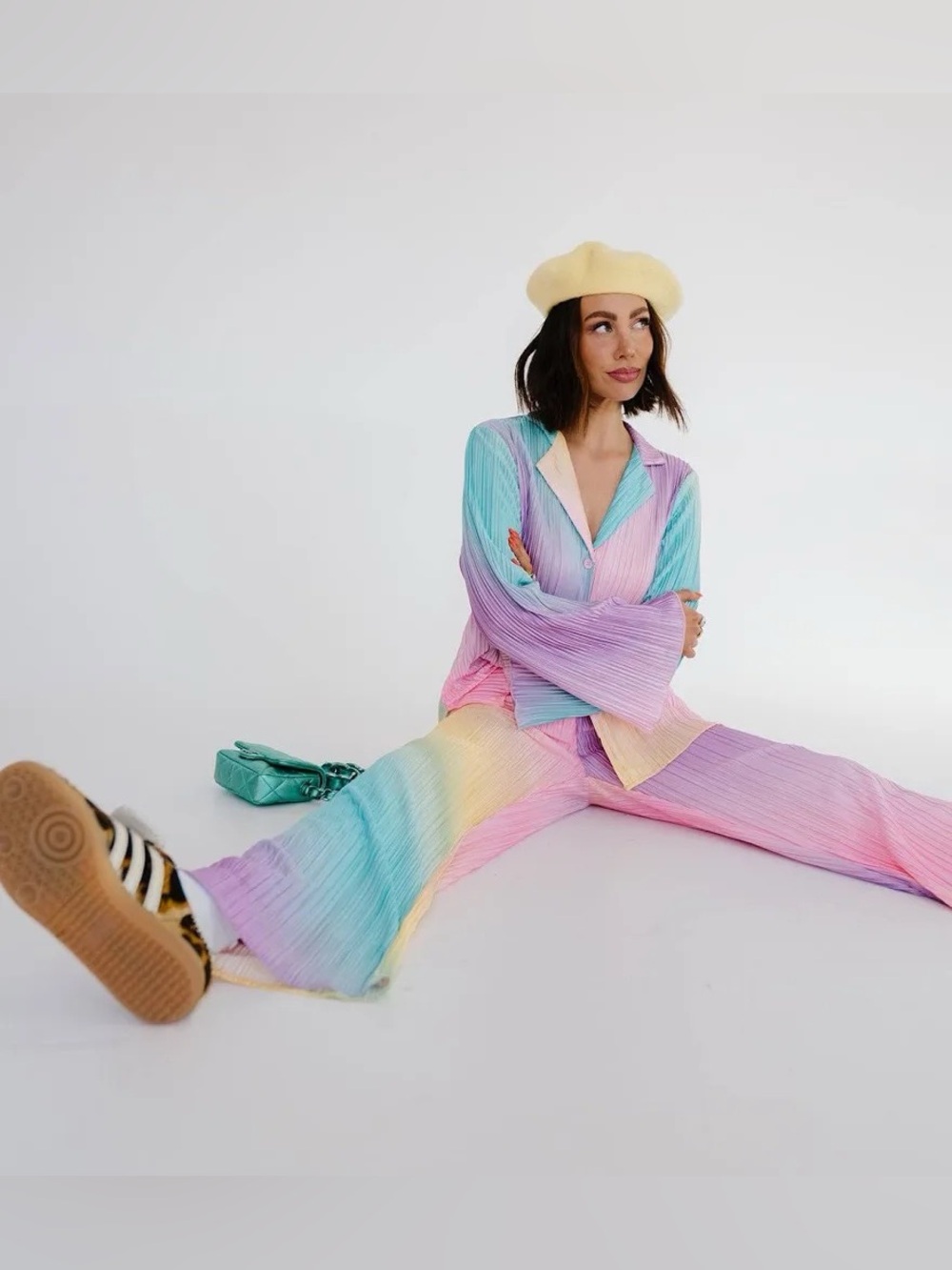 Dressed in LALA Pastel Rainbow Wide-Leg Pants & Top Set ~ a yellow hat included